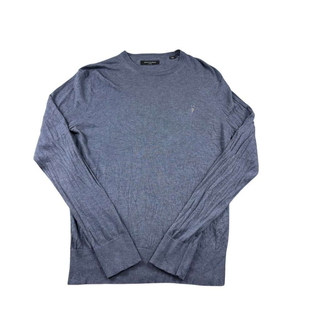 AllSaints Mens Blue Merino Wool Ram Logo Knit Pullover Sweater Size Large